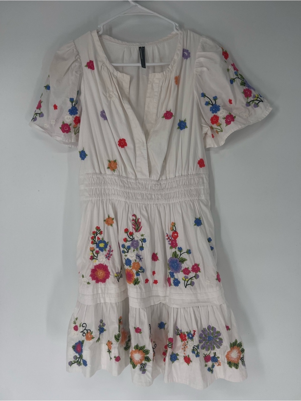 Anthropologie White Multicolor Floral Embroidered Short Sleeve Boho Mini Dress S